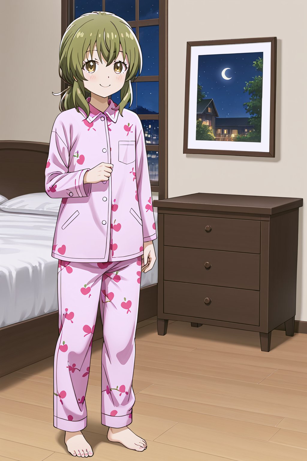 (masterpiece, best quality, 8K),(picture-perfect face),best quality, anime style, 1girl, detailed hair, solo, detail eye, detailed background ,source_anime, (illustration-detailed:1.3),
,
(Pretty girl's fingers),(5_fingers:1.3) 
,
At night, she is ready to sleep, standing, touching her hair with one hand, with a pink bed behind her, and the lights are general. At home, 
,
 1girl, solo,looking at viewer, blush,smile, (((full_body))) ,
itsuka-pajamas,yukihira itsuka, yellow eyes,green hair,sidelocks, low ponytail,pink pajamas,pink pants