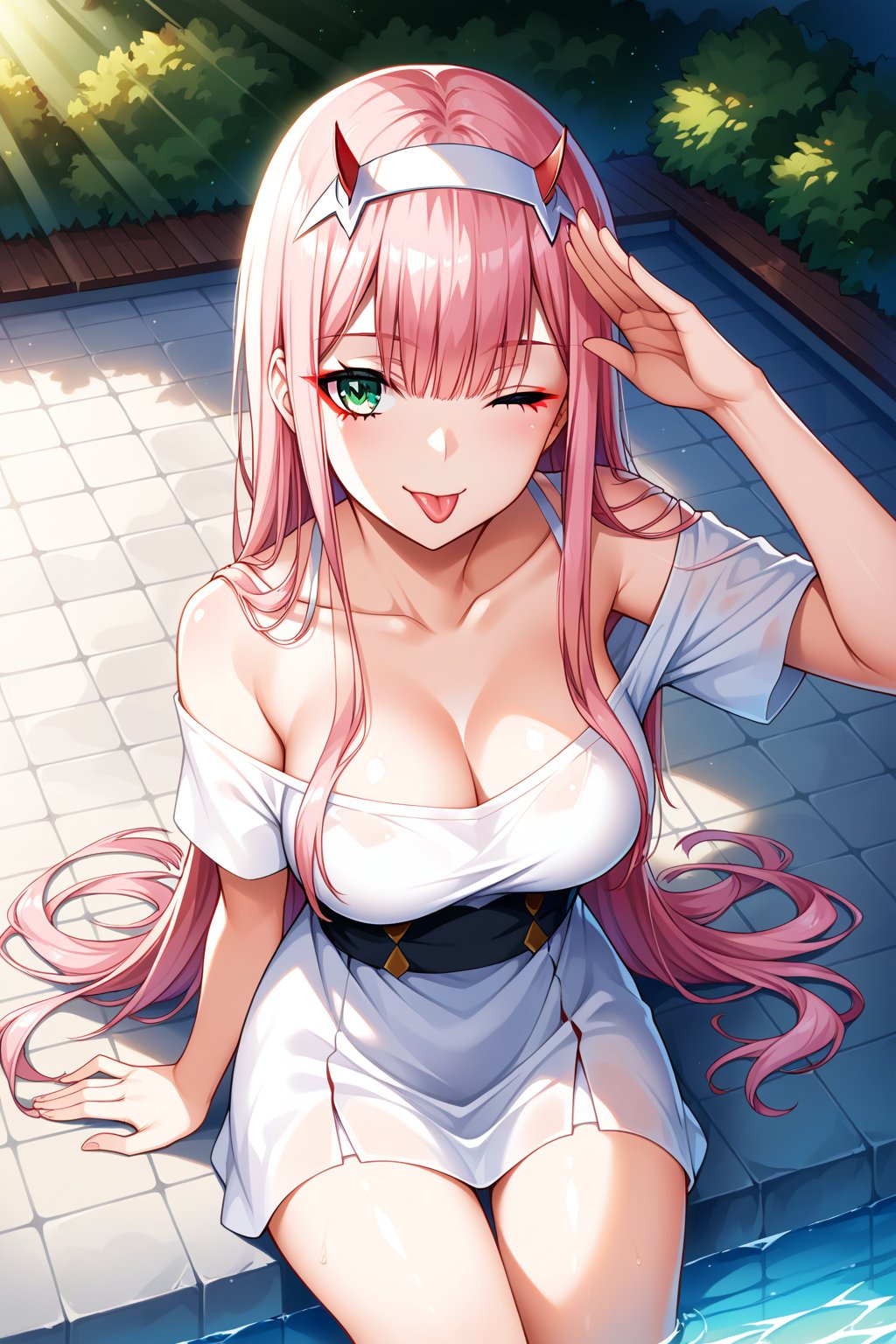 8k, ultra-detailed, perfect anatomy, High detailed, detailed background, beautiful face, score_9, score_8_up, score_7_up, score_6_up, score_5_up, score_4_up,

zero two (darling in the franxx),1girl,solo,long hair,White shirt,Black pantyhos,epink hair,red horns,green eyes,Sexy body,white hairband,bangs, from above,
repuscular rays,light sparkles,Vibrant color saturation, Key light, very clear and precise images, female_solo,from above

((cowboy shot)), face forcus, tongue_out, wink, salute, sitting on slide, park,

,beautiful_female_fingers,perfect hands,detailed hands,beautiful hands