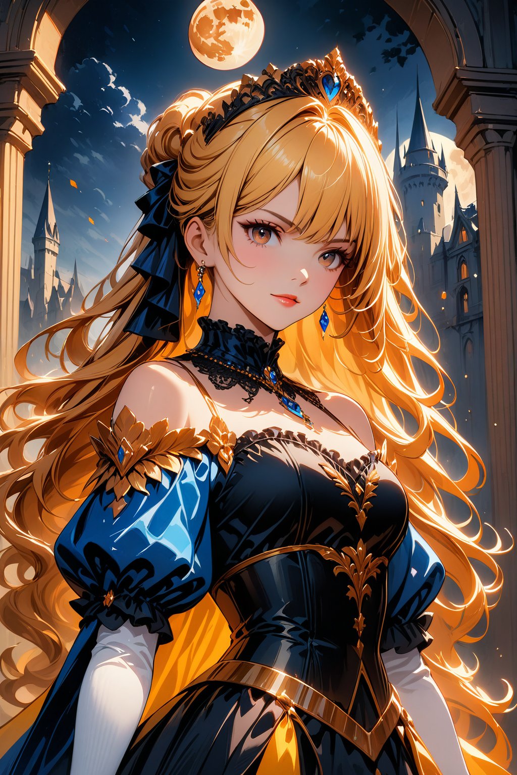 Elegantism, opulent scene, full portrait of a Victorian lady, heroic, black clothes, gold trim, full moon, castle, head and shoulders portrait, 8k resolution. (masterpiece, top quality, best quality, official art, beautiful and aesthetic:1.2), (1girl:1.4), upper body, blonde hair, portrait, extreme detailed, in the style of esao andrews,style,oil paint ,concept,fantasy