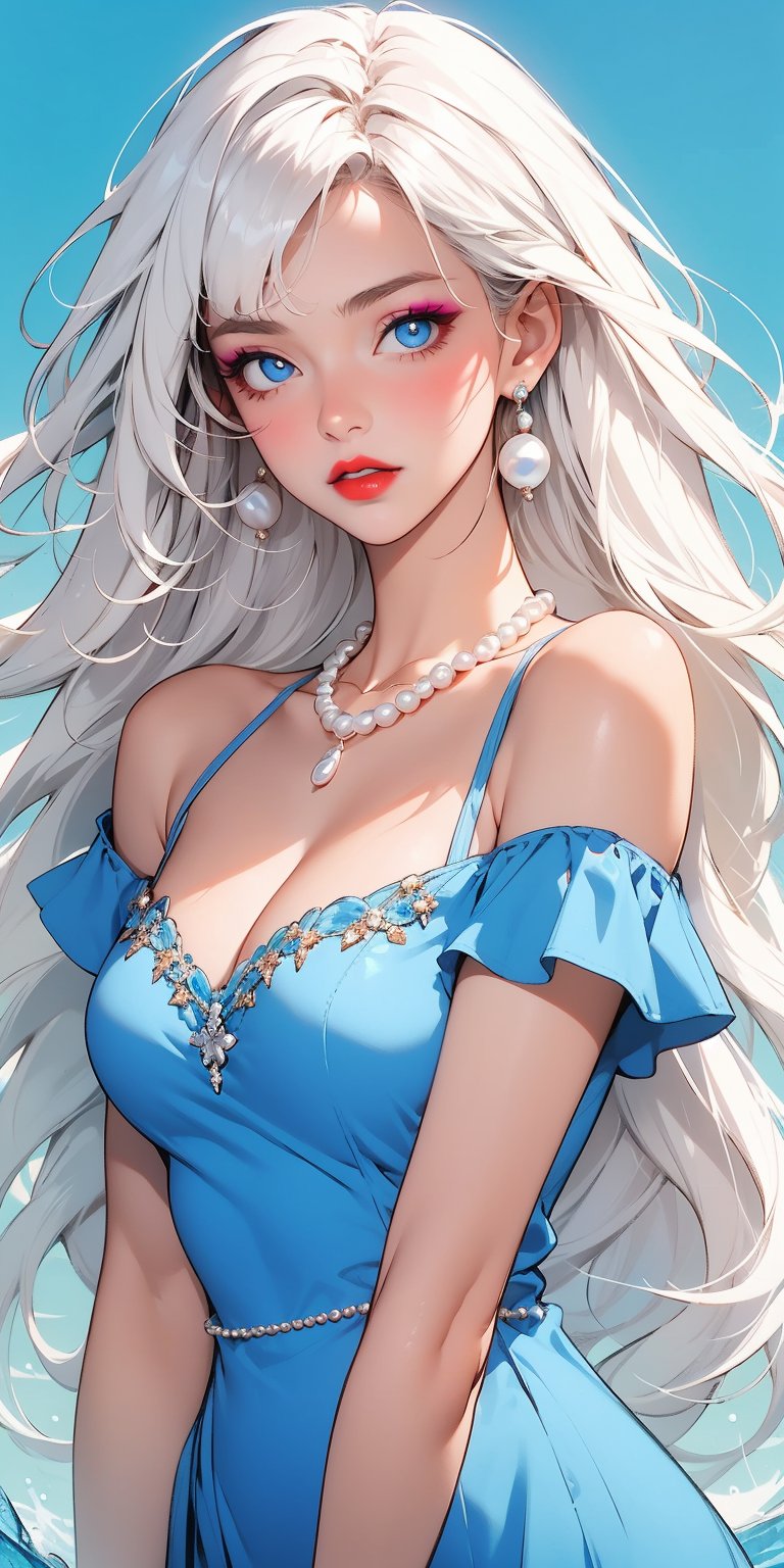 1girl, solo, long hair, breasts, looking at viewer, blue eyes, dress, cleavage, bare shoulders, jewelry, medium breasts, upper body, white hair, earrings, parted lips, hand up, water, necklace, bracelet, parted bangs, makeup, blue dress, gem, blue nails, red lips, pearl necklace