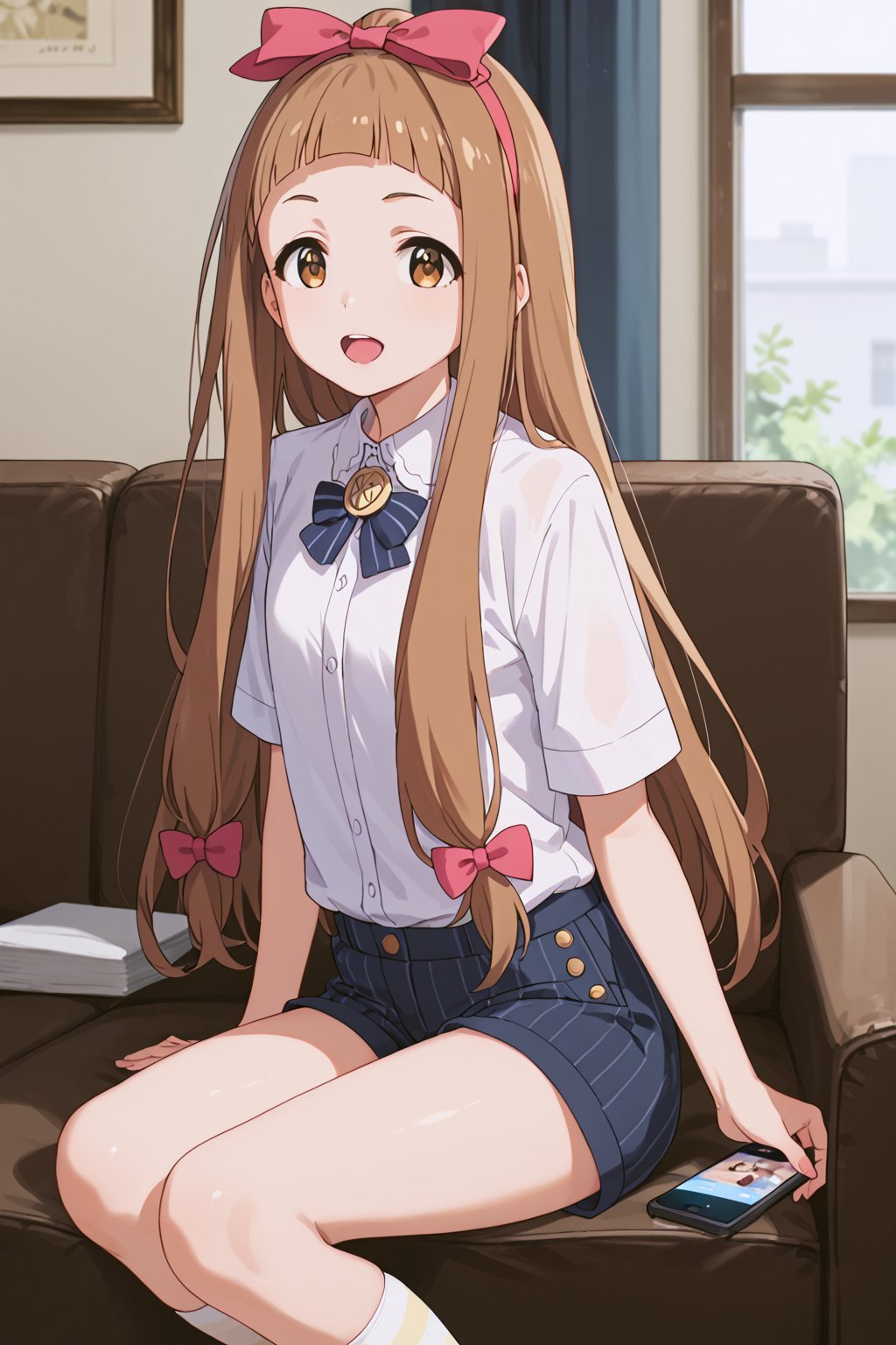 score_9, score_8_up, score_7_up, score_6_up, source_anime, (ultra-detailed:1.5),
Score_Anime,

looking at viewer, Living room, Sit in a chair, cross your legs,Look at the phone,

ichihara nina, long hair, brown hair, brown eyes, bangs, blunt bangs

hair bow, collared shirt,shorts

,open mouth,

,(((5_fingers))),beautiful_female_fingers,