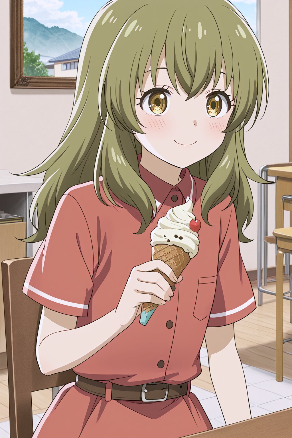 (masterpiece, best quality, 8K),(picture-perfect face),best quality, anime style, 1girl, detailed hair, solo, detail eye, detailed background ,source_anime, (illustration-detailed:1.3),
,
(Pretty girl's finger),(5_fingers) 

During the day, the school roof, eating ice cream, Chairs,
,
 1girl, solo, blush,smile, (((upper_body))) ,
 itsuka-shortsleeves,yukihira itsuka, yellow eyes,green hair,straight hair, long hair,red dress,short sleeves,belt,black socks,mary janes,