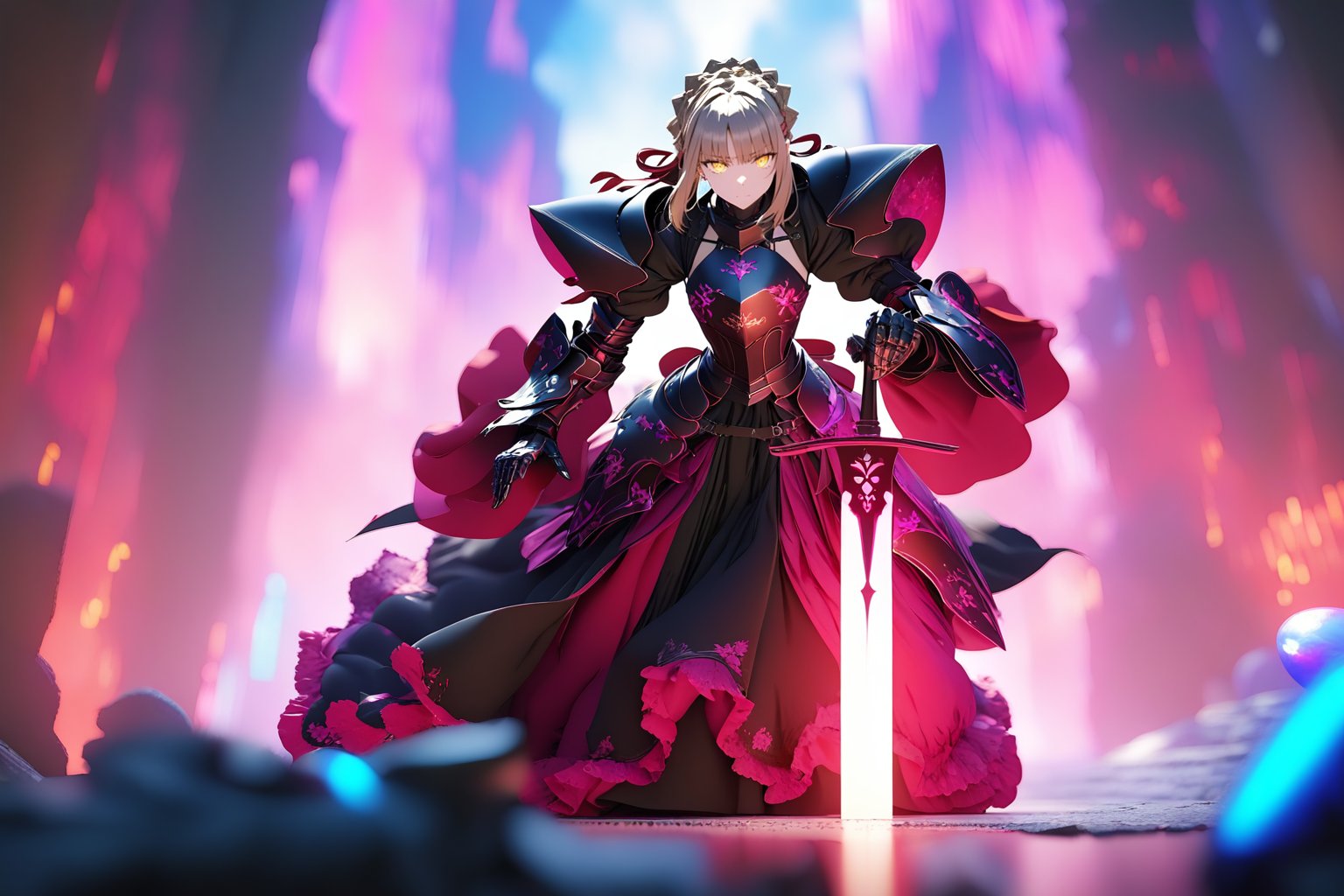 1girl,  solo,(((full body))),  knightess,  majesty,  armored dress,  standing,  (hands on hilt,  planted sword:1.3),  masterpiece,  best quality,  very aesthetic looking at viewer, bangs, blonde hair, long sleeves, dress, ribbon, holding, closed mouth, standing, yellow eyes, weapon, braid, sidelocks, puffy sleeves, sword, armor, black dress, gauntlets, french braid, serious, breastplate,more detail XL, saber alter,(AlterSaver)
64k resolution, beautiful, stunning, ultra detailed, expressive, hypermaximalist, colorful, rich deep color, glamour, anime art, fantasy art, brush strokes, , 16k, UHD, HDR, (Masterpiece:1.5) , Absurdres, (best quality:1.5) , Anime style photo, Manga style, Digital art, glow effects, Hand drawn, render, octane render, cinema 4d, blender, dark, atmospheric 4k ultra detailed, cinematic sensual, Sharp focus, hyperrealistic, big depth of field, Masterpiece, colors, 3d octane render, concept art, trending on artstation,