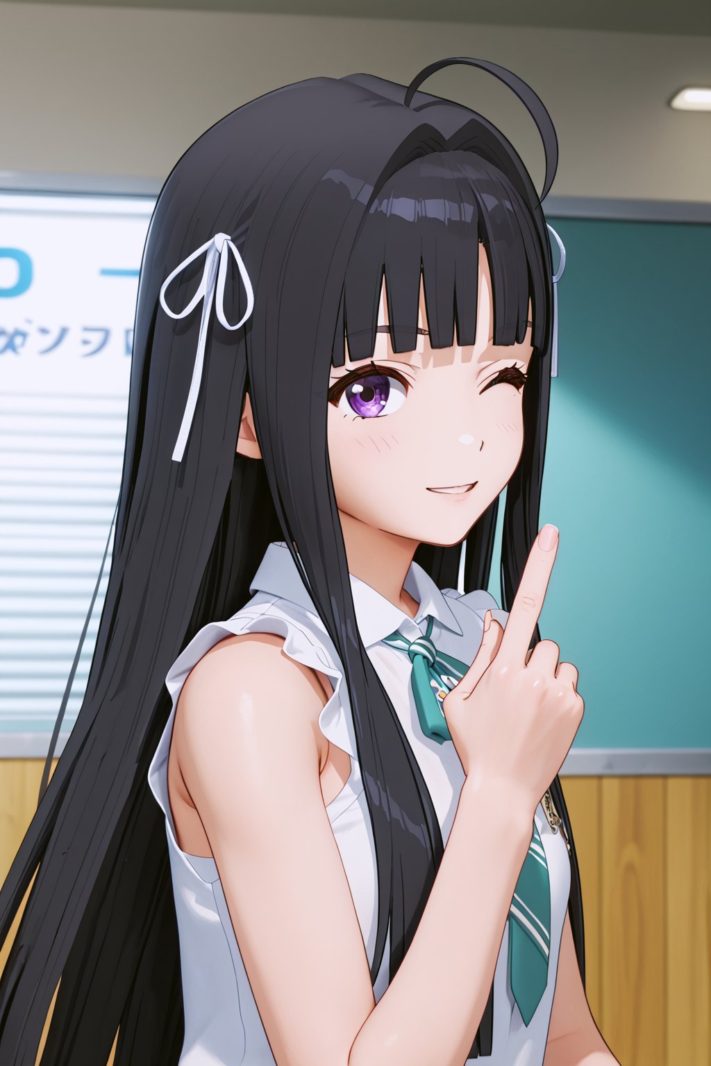 score_9, score_8_up, score_7_up, score_6_up, source_anime,Masterpiece, best _ quality, (3d-detailed:1.4),
Score_Anime,3d,
 awa_subaru , black hair, long hair, ahoge, purple eyes, blunt bangs,
,
commentary, highres, index_finger_raised, long_hair, looking_at_viewer, neck_ribbon, one_eye_closed,Gymnasium background,parted_bangs, purple_eyes, sidelocks, sleeveless_shirt, solo, upper_body, white_shirt

(4_fingers+1thumb on hand), perfect hands, beautiful_female_fingers,black_hair_ribbon