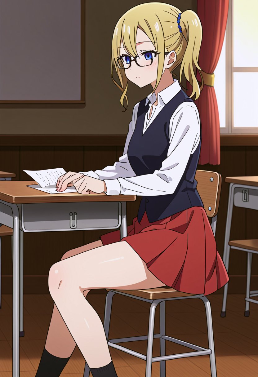 Source_anime, ratings_safe, 1 girl, AiHayasaka Ai, sexy body, looking at the audience, anime style, illustration, dress, black glasses, black vest, school uniform, classroom, sitting on a stool, desk, red dress, white shirt