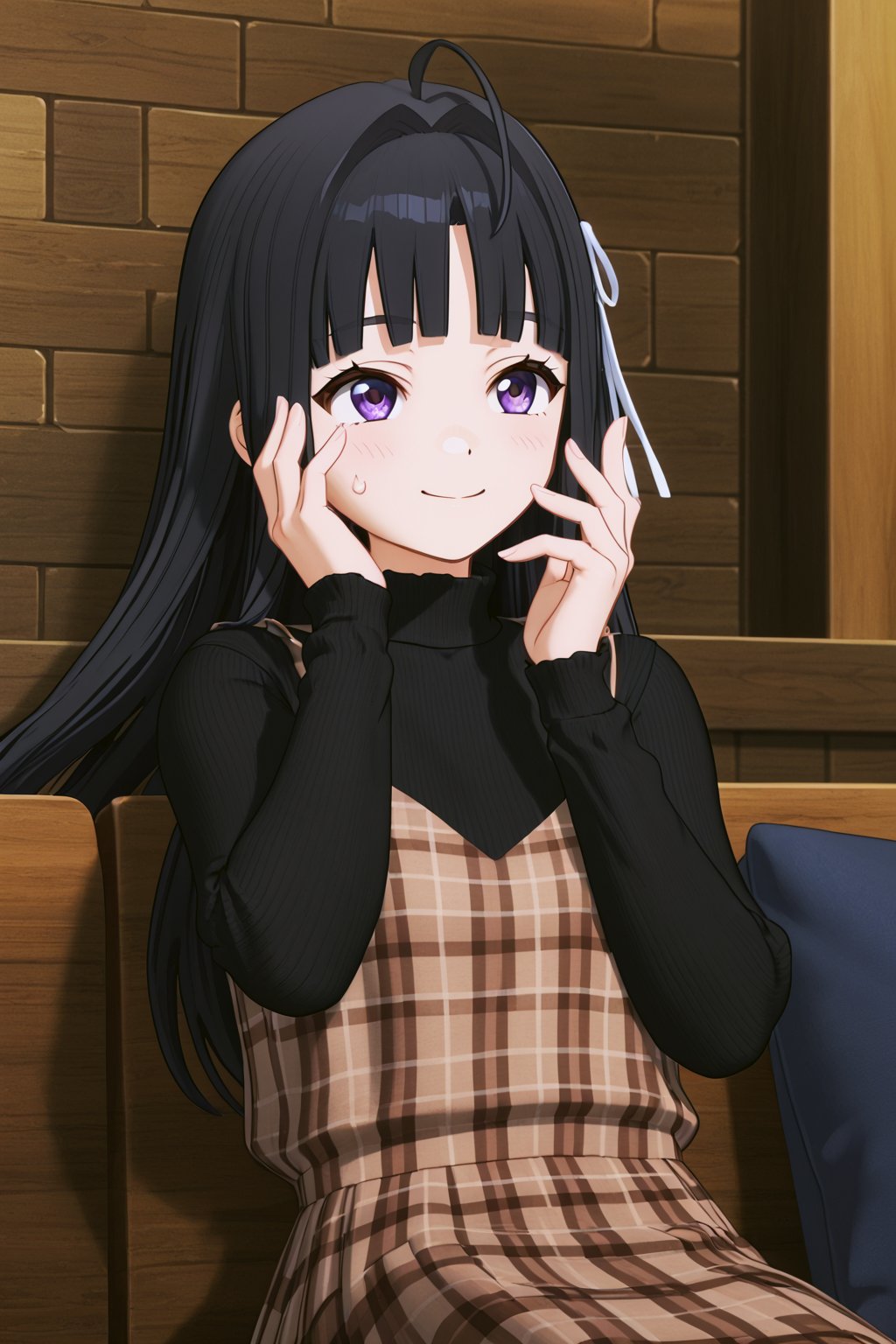 score_9, score_8_up, score_7_up, score_6_up, source_anime,Masterpiece, best _ quality, (3d-detailed:1.4),
Score_Anime,3d,
 awa_subaru , black hair, long hair, ahoge, purple eyes, blunt bangs,
,
brick_wall, turtleneck_sweater, sleeveless, smile, black_shirt, brown_dress, looking_up, sitting, plaid_dress, hair_ribbon, sweatdrop, solo, 1girl, black_sweater, awa_subaru, 3d, closed_mouth, upper_body,
(4_fingers+1thumb on hand), perfect hands, beautiful_female_fingers,hair_ribbon