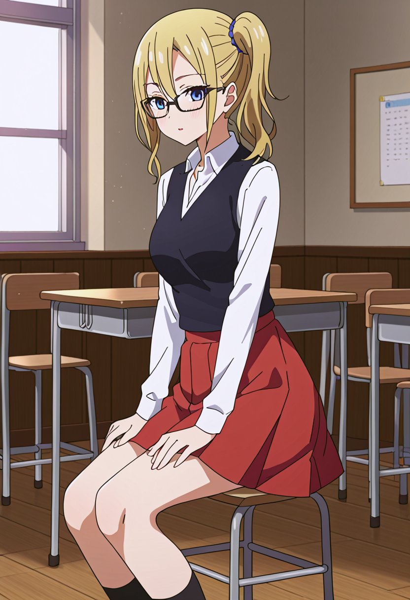 Source_anime, ratings_safe, 1 girl, AiHayasaka Ai, sexy body, looking at the audience, anime style, illustration, dress, black glasses, black vest, school uniform, classroom, sitting on a stool, desk, red dress, white shirt