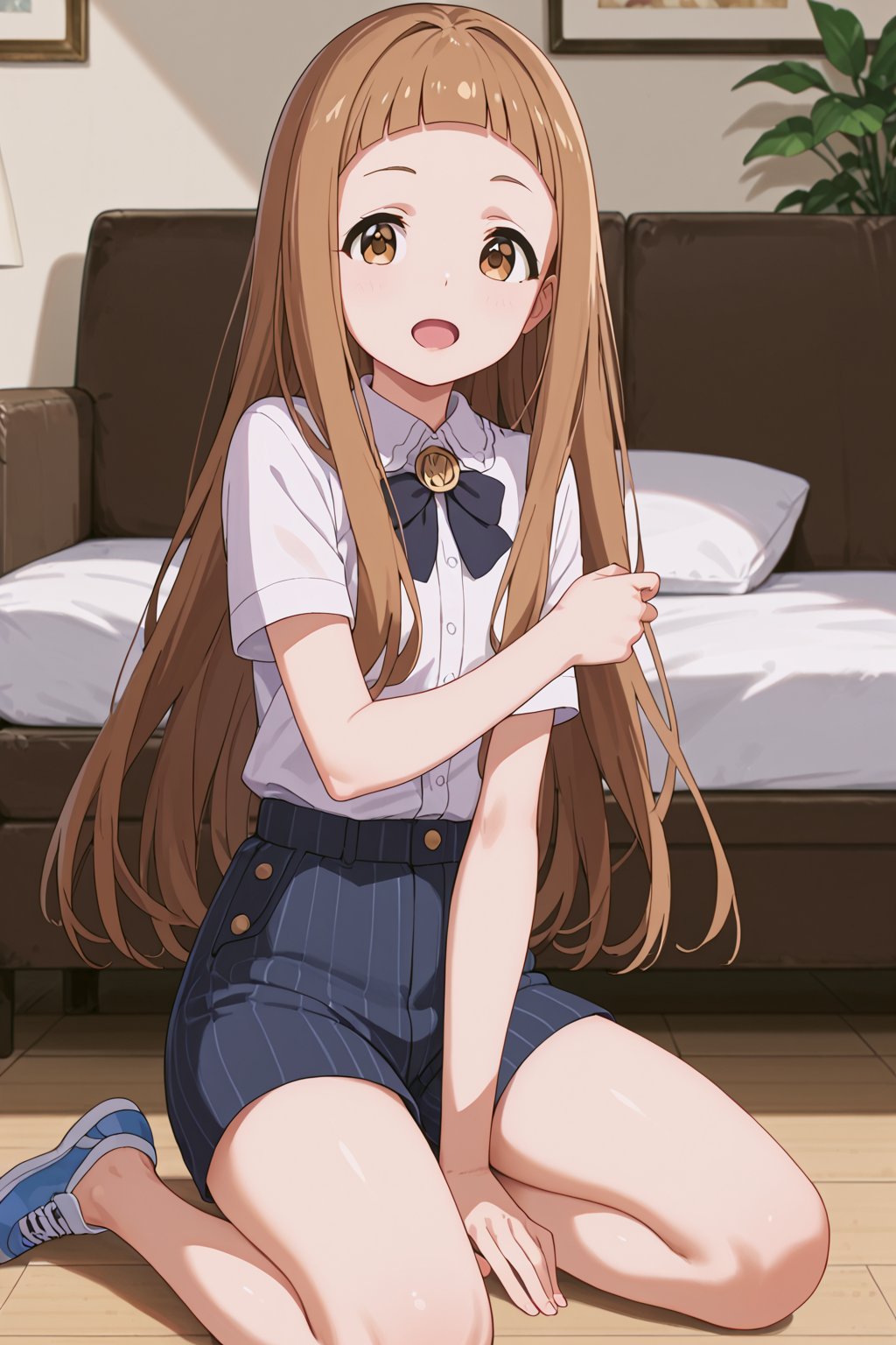 score_9, score_8_up, score_7_up, score_6_up, source_anime, (ultra-detailed:1.5),
Score_Anime,

looking at viewer, Living room, floor,sitting

ichihara nina, long hair, brown hair, brown eyes, bangs, blunt bangs

hair bow, collared shirt,shorts

,open mouth,

,(((5_fingers))),beautiful_female_fingers,