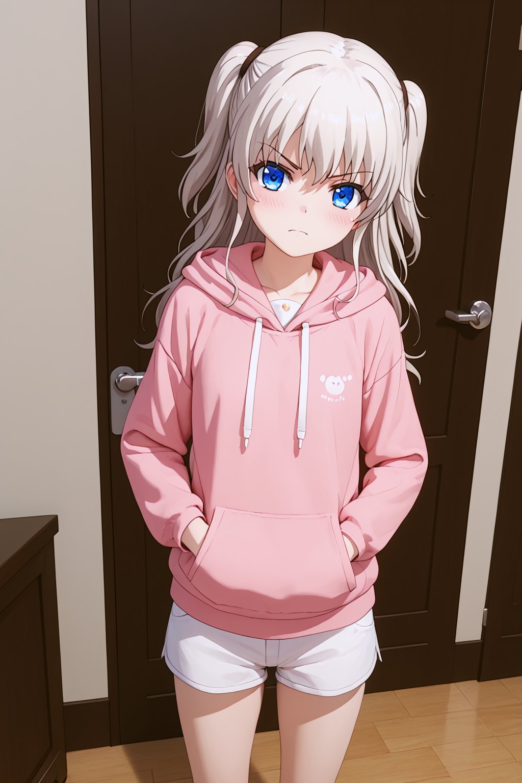 score_9, score_8_up, score_7_up, score_6_up,masterpiece,（3d_detailed) ,beautiful eyes,dark theme,BREAK score_anime,
 ,beautiful_female_fingers,perfect_hands,
,Detailed eyes,Dynamic perspective,from_above
,3d,1girl,solo,
nao tomori, long hair, blue eyes, two side up,flabby , hoodie, pink hoodie, white short pants, blush,indoors,hand:v, annoyed, in door, chair, table, living room, looking at viewer, standing,nao tomori