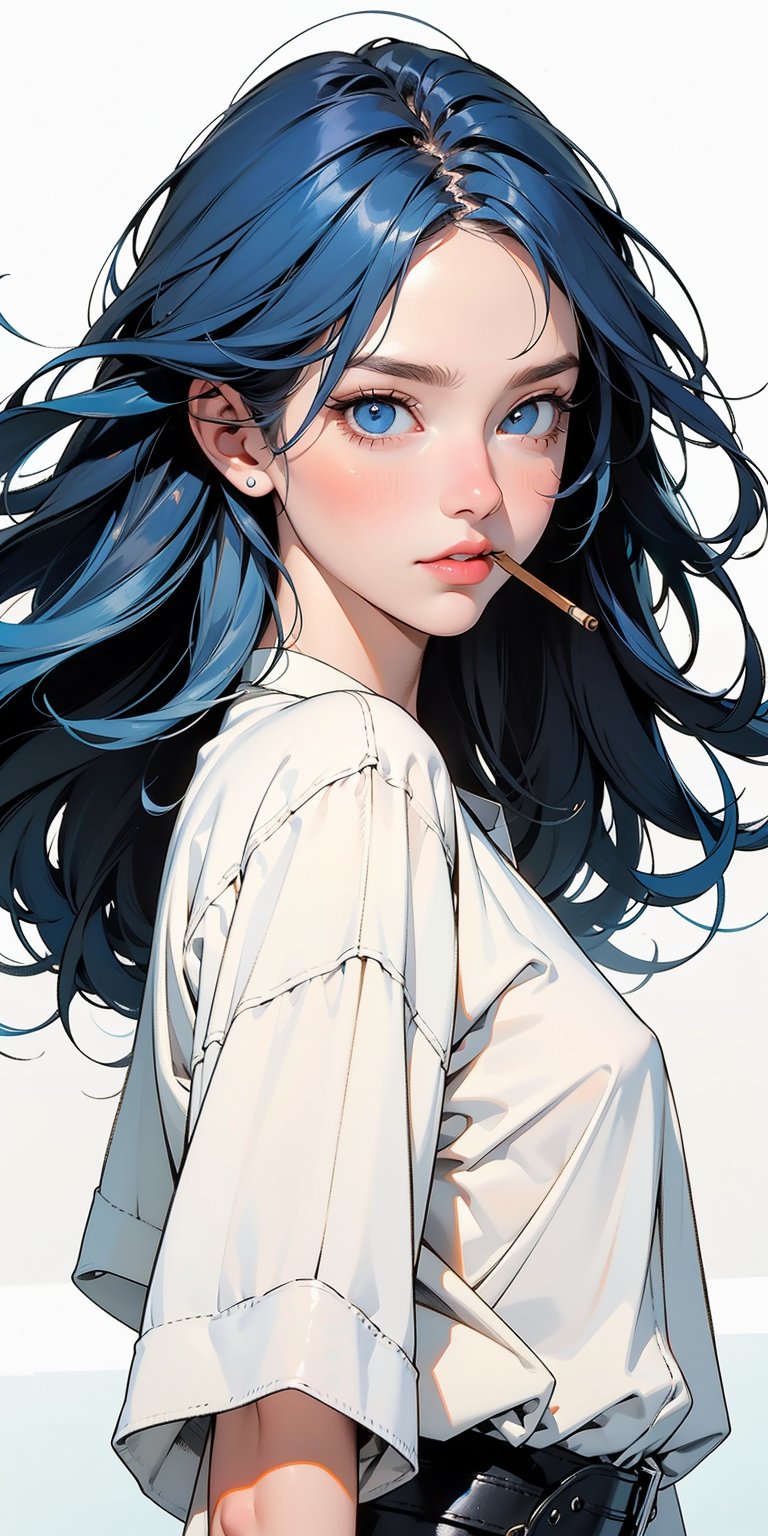 masterpiece, best quality, beautiful eyes, clear eyes, detailed eyes, Blue-eyes, 1girl, 20_old, full-body, break, smoking, break, high_color, blue-hair, beauty, black-boots,break, break, Flat vector art, Colorful art, white_shirt, simple_background, blue_background, Ink art,peeking out upper body,Eyes, 