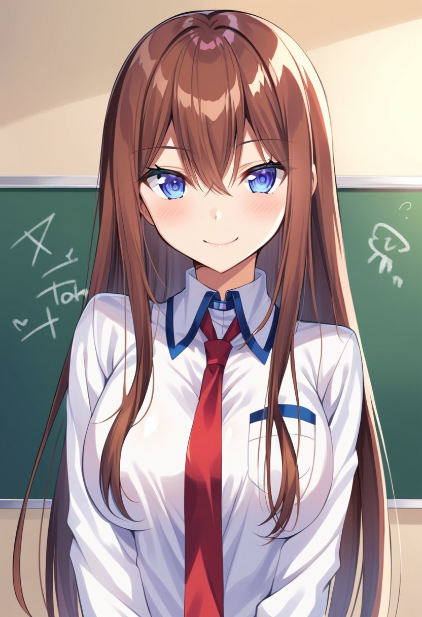 Source: Anime, Rating: Safe, 1 girl,Ai  makise kurisu, sexy body,1girl, solo, long hair, looking at viewer, smile, blue eyes, brown hair, shirt, long sleeves, holding, hair between eyes, very long hair, closed mouth, standing, purple eyes, jacket, necktie, shiny, shiny hair, hand on hip, red necktie, straight hair, labcoat, chalkboard, chalk, makise kurisu