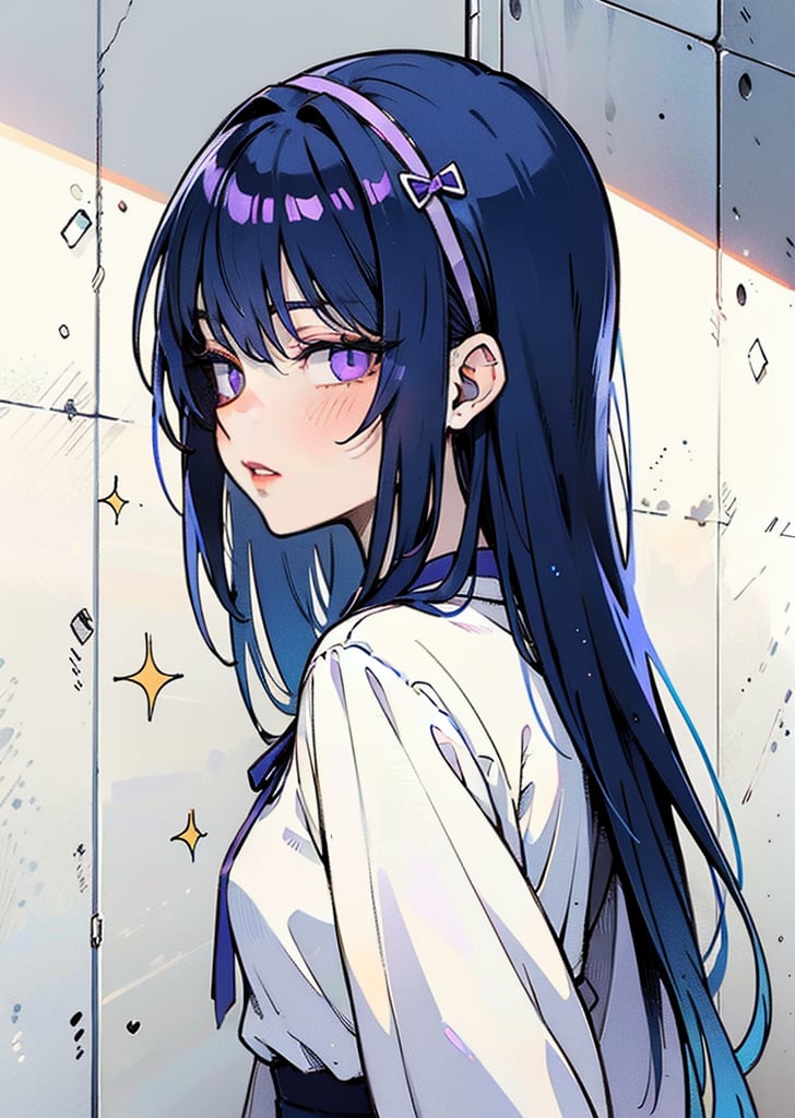 1girl, solo, long hair, looking at viewer, bangs, blue eyes, ribbon, blue hair, purple eyes, hair ribbon, upper body, purple hair, parted lips, from side, profile, floating hair, Gangfeng newspaper background wall, Glittering hair and hair bands,Shiny clothes,beautiful