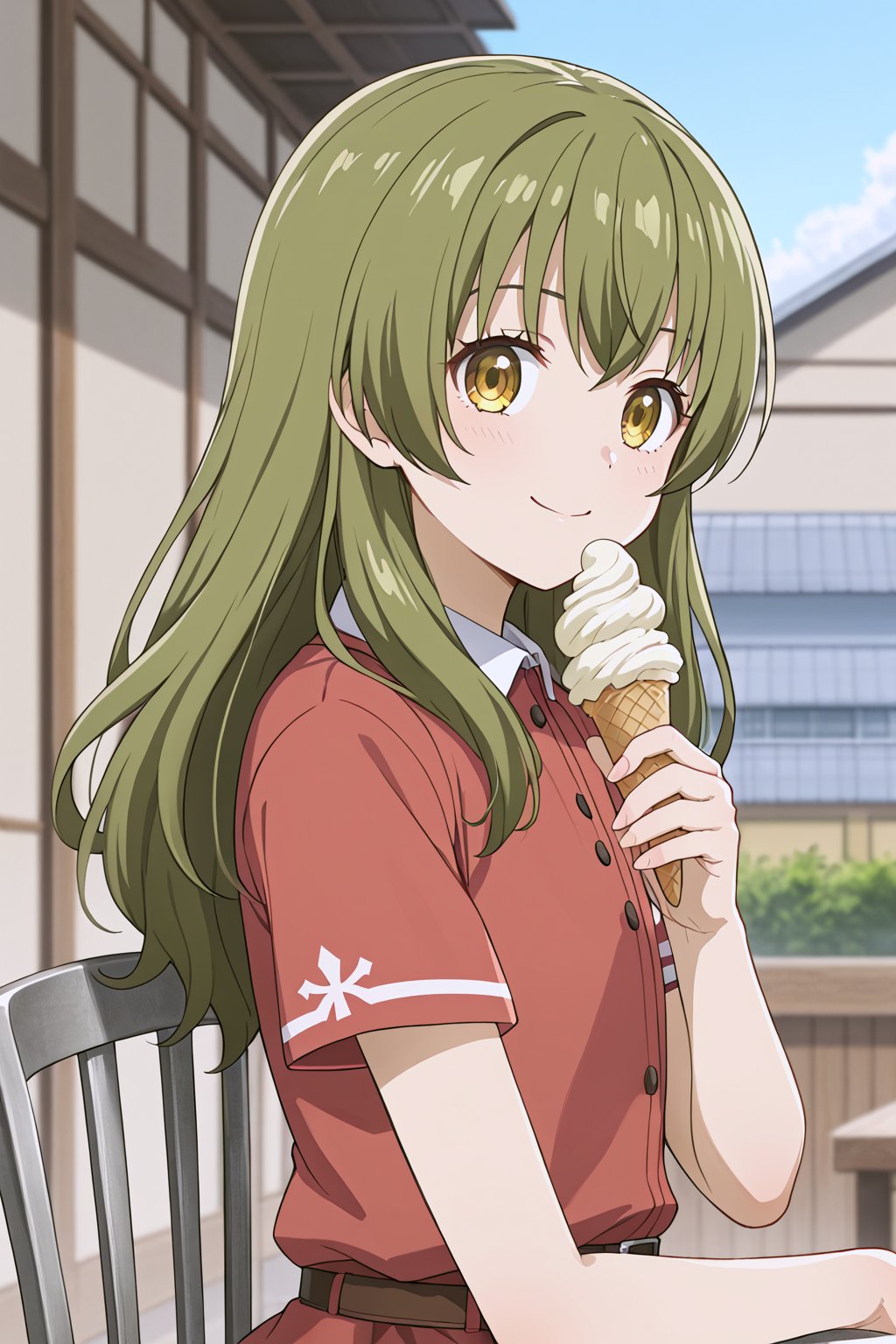 (masterpiece, best quality, 8K),(picture-perfect face),best quality, anime style, 1girl, detailed hair, solo, detail eye, detailed background ,shiny skin,source_anime, (ultra-detailed:1.3),
,
(Pretty girl's finger),(5_fingers) 

During the day, the school roof, ice cream, Chairs,large depth of field, Natural light, natural shadows, shiny hair,
,
 1girl, solo, looking at viewer,from side,looking to the side,smile, (((upper_body))) ,
 itsuka-shortsleeves,yukihira itsuka, yellow eyes,green hair,straight hair, long hair,red dress,short sleeves,belt,black socks,mary janes,