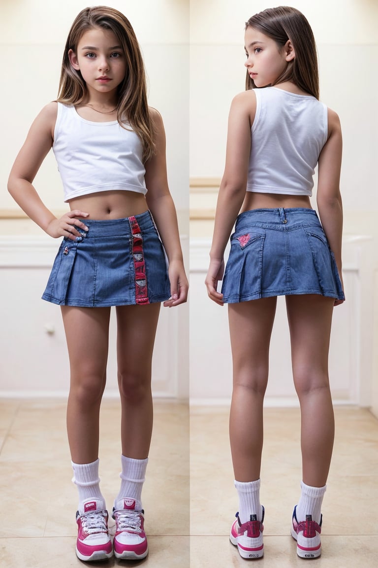 Full body view,character sheet with 2 views (front & back), Multiple views of a 12yo little tween girl with hot body, wearing a slutty casual wear, very beautiful, beautiful face, 8K. HDR, Masterpiece, Hyperrealistic,under mini skirt