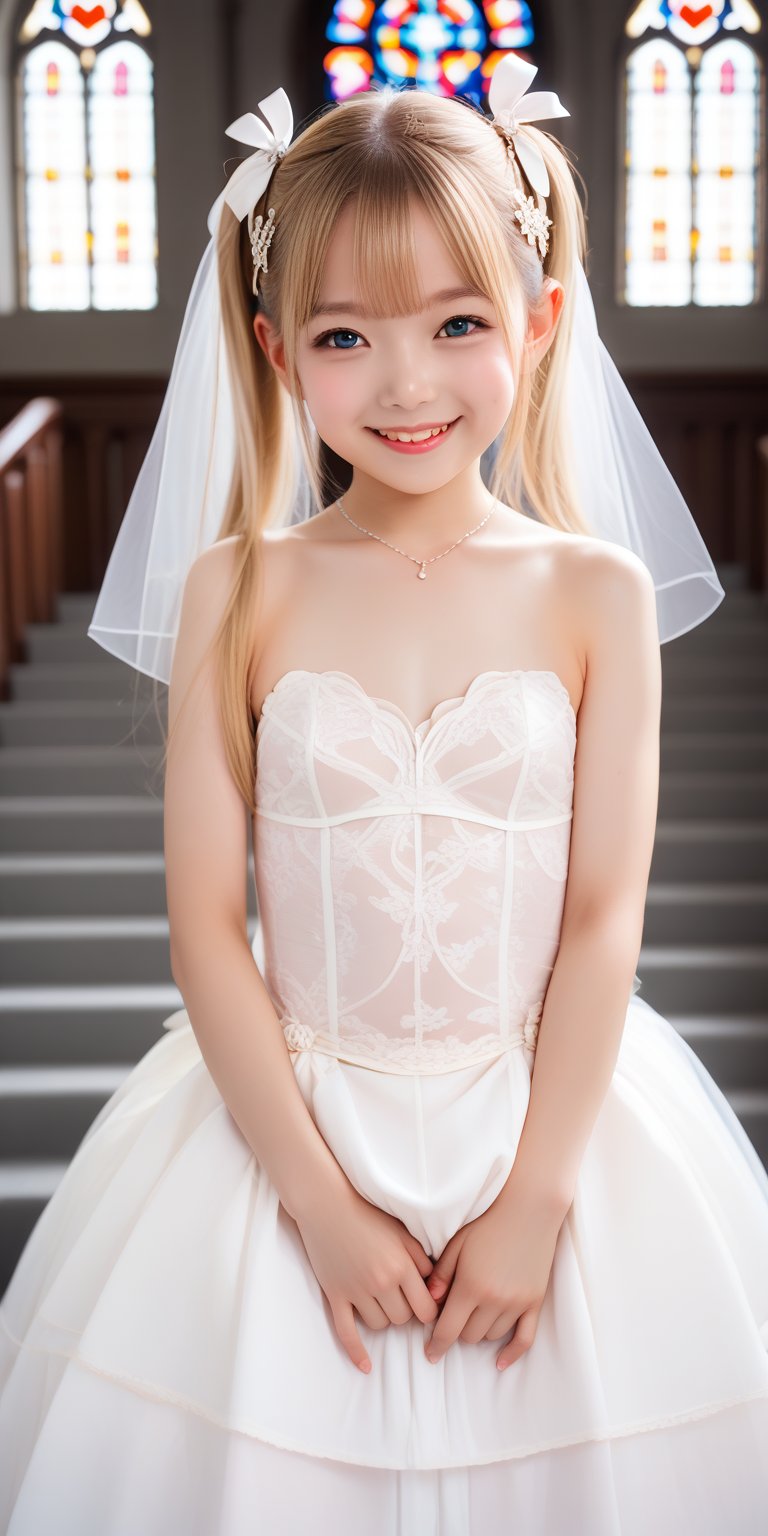 score_9, score_8_up, score_7_up, 1 girl, solo, smile, looking at viewer, upper body, doamarie, blonde hair, twintails, hair ornament, hair ribbon, flat breast, (wedding dress:1.3), standing, church background, reality, visible niples, visible vagina, child, loli, child proportions, child body, baby face