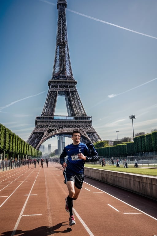 Vibrant runner in motion, youthful energy radiates from the dynamic pose. The bright, bold uniform bursts with color against the stark grey of the track, while the Eiffel Tower's iron latticework rises majestically into the misty blue sky. Sharp focus on the athlete's determined expression and athletic build as he stands poised at the starting line, the stadium's sleek grandstands curving around him like a gentle arc.