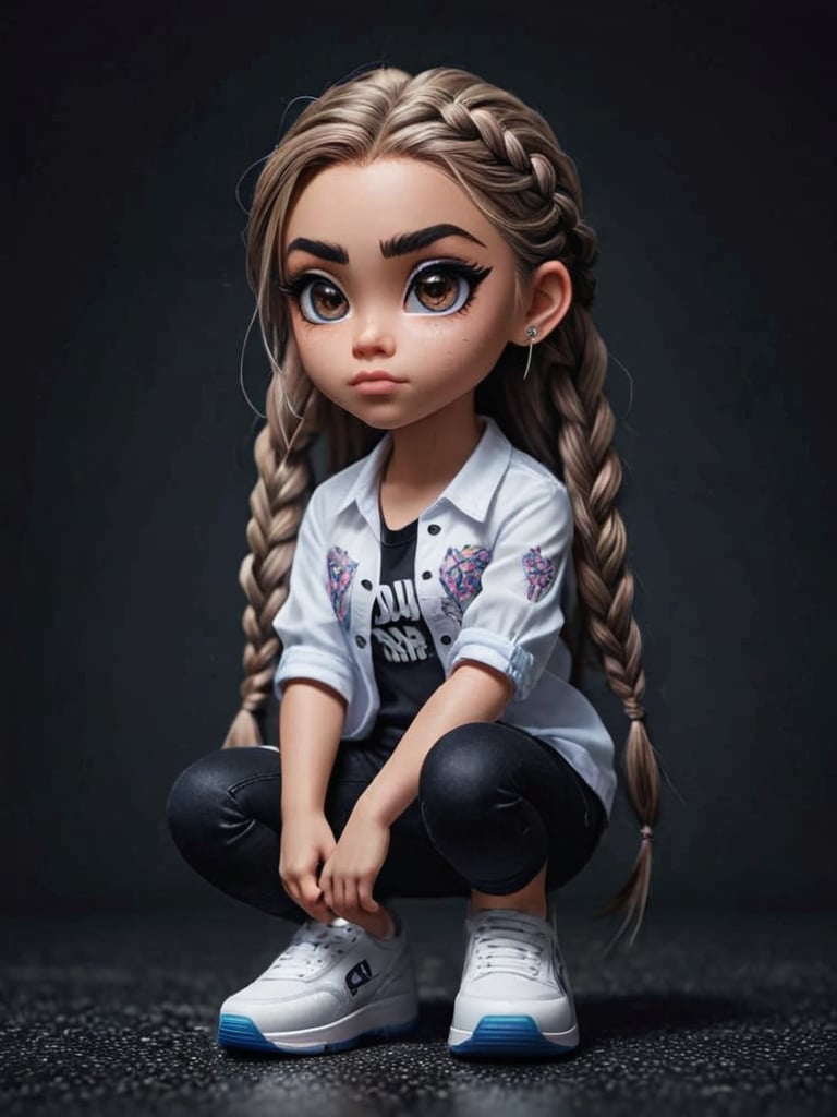 {{{masterpiece}}}, {{{best quality}}}, {{ultra-detailed}}, {beautiful detailed eyes}, 1girl, Ink hair, long braided hair, Ink eyes, confused, squatting, stratosphere, full body, Embroidered shirt,bratz emote style,bratz,emote