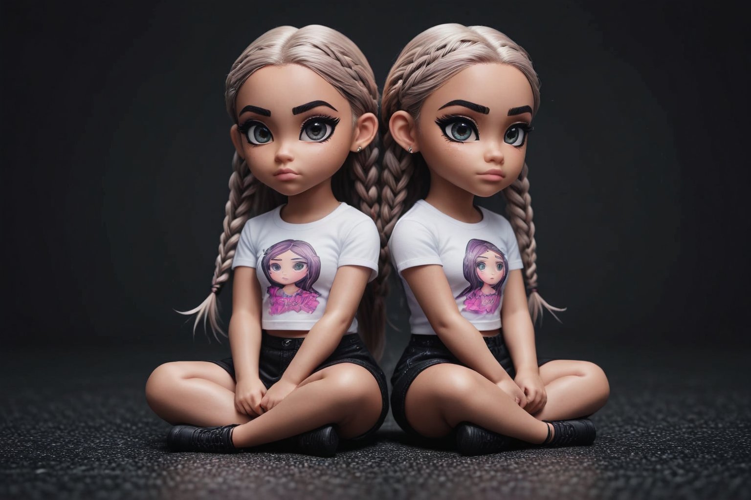 {{{masterpiece}}}, {{{best quality}}}, {{ultra-detailed}}, {beautiful detailed eyes}, 2girls, Ink hair, long braided hair, Ink eyes, confused, squatting, stratosphere, full body, crop top shirt,bratz emote style,bratz,emote