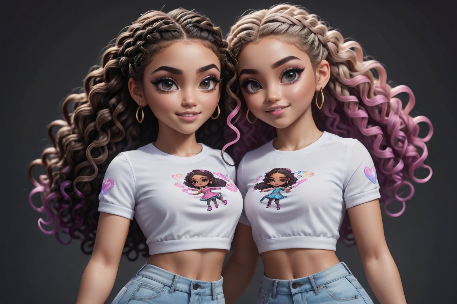 {{{masterpiece}}}, {{{best quality}}}, {{ultra-detailed}}, {beautiful detailed eyes}, 2girls, Ink hair,  braided hair, curly hair,  Ink eyes, excited, dancing, stratosphere, full body, crop top shirt,bratz emote style,bratz,emote