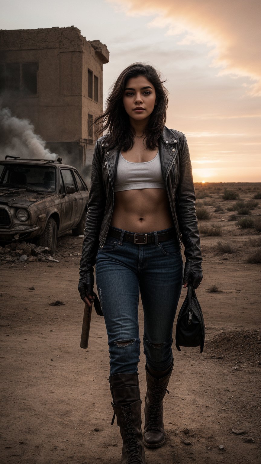 (Highest quality, Ultra HD, 16k, Masterpiece) The renowned actress Rashmika Mandanna, dressed as a character from the Mad Max universe, is standing in a desolate, post-apocalyptic desert. The shot is a medium view that captures her and the immediate surroundings. Keerthy Suresh has a rugged and determined expression, with dirt and grime accentuating her striking features. Her hair is windswept and tousled, adding to the gritty aesthetic.

She is wearing a distressed leather jacket with metallic studs, straps, and patches, over a tattered tank top that reveals her fit physique. Her pants are rugged and worn, with multiple pockets and a utility belt filled with tools and weapons. She has knee-high combat boots, fingerless gloves, and protective gear strapped to her body, completing the fierce and battle-hardened look. The detailed textures and weathered appearance of her clothing and gear highlight her resilience and strength in this harsh environment.

In the background, the desert stretches out under a dramatic, fiery sky filled with smoke and ash. The destruction of a huge Gastown is taking place, with towering flames, explosions, and crumbling structures, but these elements are less prominent, serving as a backdrop to emphasize her presence. The medium shot focuses on Keerthy Suresh's rugged costume, her fit physique, and her intense expression, while the background provides context without drawing attention away from her.

The lighting is dramatic, with intense contrasts that emphasize the textures of her costume and her determined expression. The overall scene captures the essence of the Mad Max universe, with a focus on Keerthy Suresh's fierce character, her detailed and rugged costume, and the expansive, post-apocalyptic surroundings in the background.
