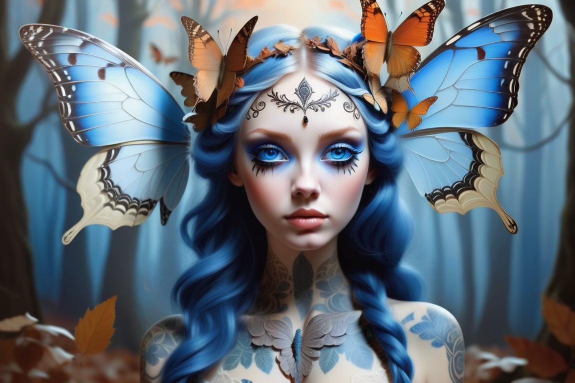 A beautiful ethereal woman with large, delicate butterfly wings attached to her head, surrounded by swirling autumn leaves and other small butterflies. Her striking blue eyes contrast with her porcelain skin, and she wears intricate lace-like tattoos that flow gracefully along her neck and shoulders. The background features an enchanted, misty forest with twisted, ancient trees and a soft glow that adds a dreamlike atmosphere. The colors are warm and vibrant, emphasizing the magical and surreal nature of the scene. Digital painting, ultra-realistic details, soft focus, high contrast lighting, (masterpiece: 1.2), (best quality:1.3), ultra highres, original, (extremely detailed:1.1), perfect lighting