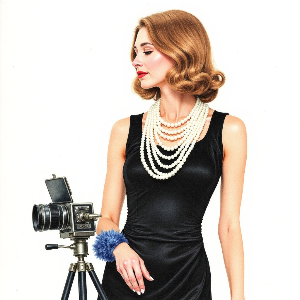 watercolor acrylic random pose, woman, shoulder length brown hair standing next to an antique camera on a tripod, luxurious pearl necklace dress inspired by Joseph Christian Leyendecker, white light, intertwined pearls on the dress black bakgraund