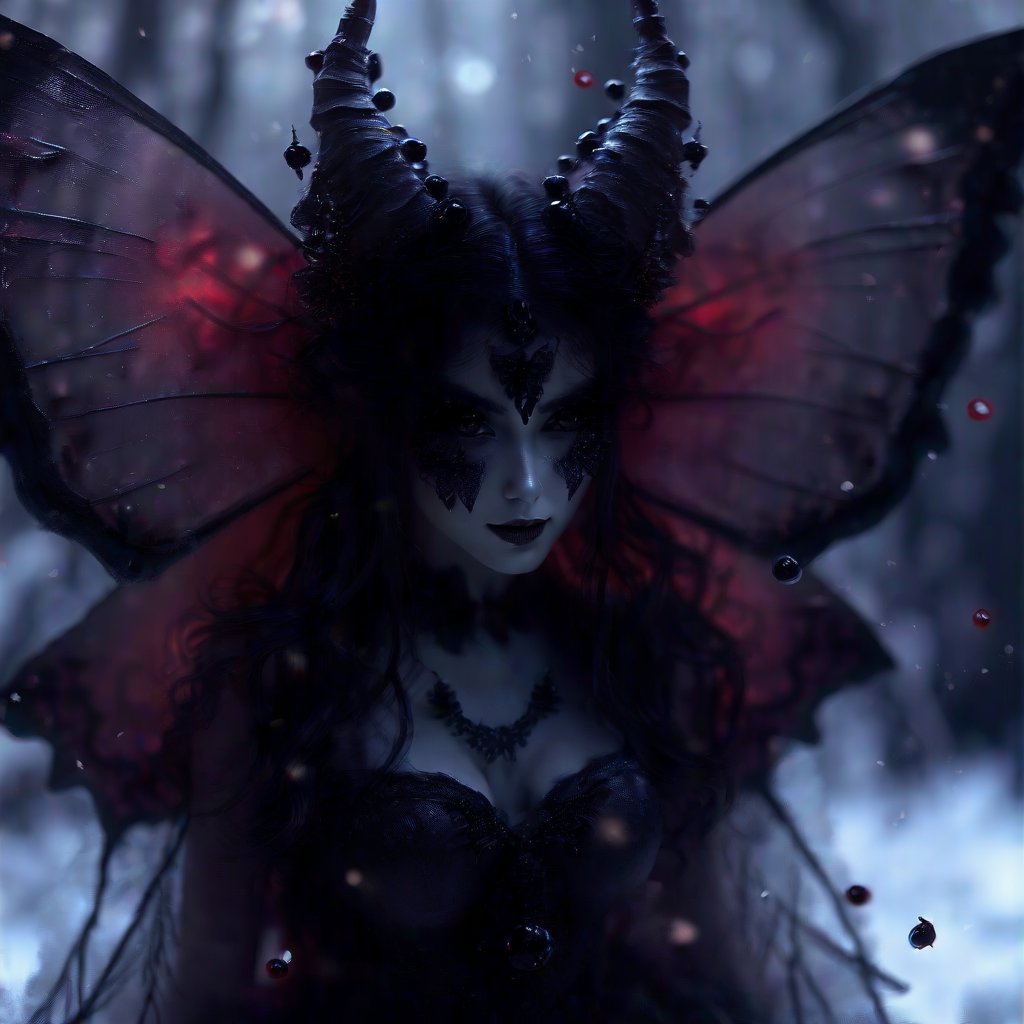 Dark fantasy. Dark Fairy, mistress of dark forces, detailed facial features, large transparent dark wings with small black pearls. Stands on fluffy snow covered with bright spots of burgundy paint. Fireflies fly around. Extreme detail. High definition image. Wallpaper.