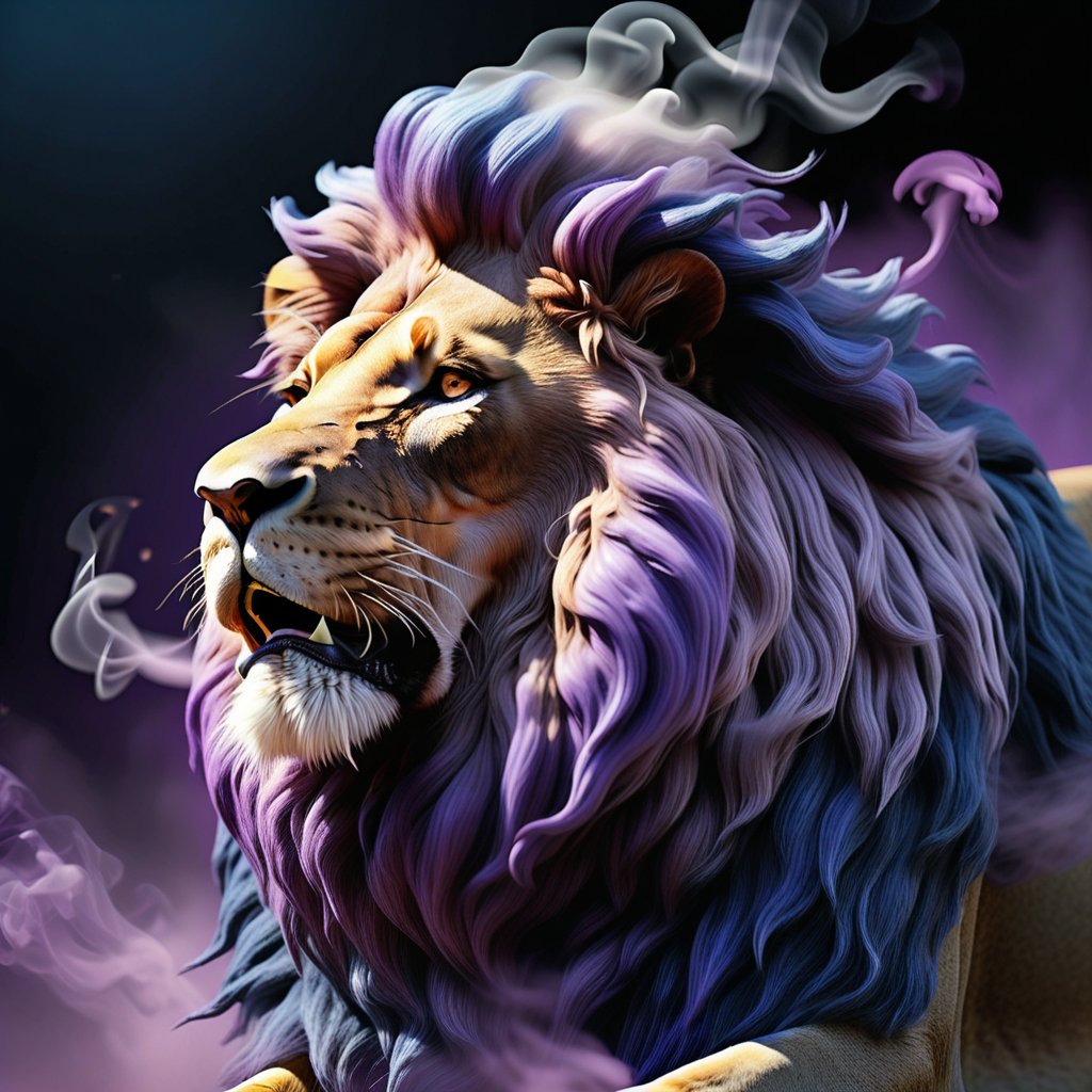 a lion with a huge mane of smoke, side view. fantasy art, 3D rendering, photorealism, detailed detailing, macro photography. deep blues and purples.