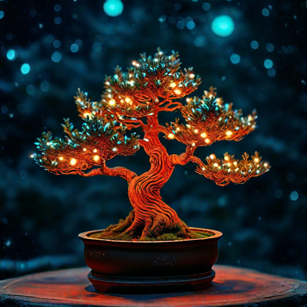 A detailed, whimsical close-up of a bonsai tree in the style of Wes Anderson, featuring bioluminescent leaves that glow softly in the night. The miniature tree is meticulously shaped and contained within a carefully curated pot, exuding a sense of nostalgia and eccentricity. The scene is set against a dark, starry backdrop, with the glowing leaves creating a magical, otherworldly atmosphere. The photograph captures the intricate details of the bonsai, with a rich, warm color palette and a touch of the surreal, making it a true masterpiece of Wes Anderson's signature aesthetic.