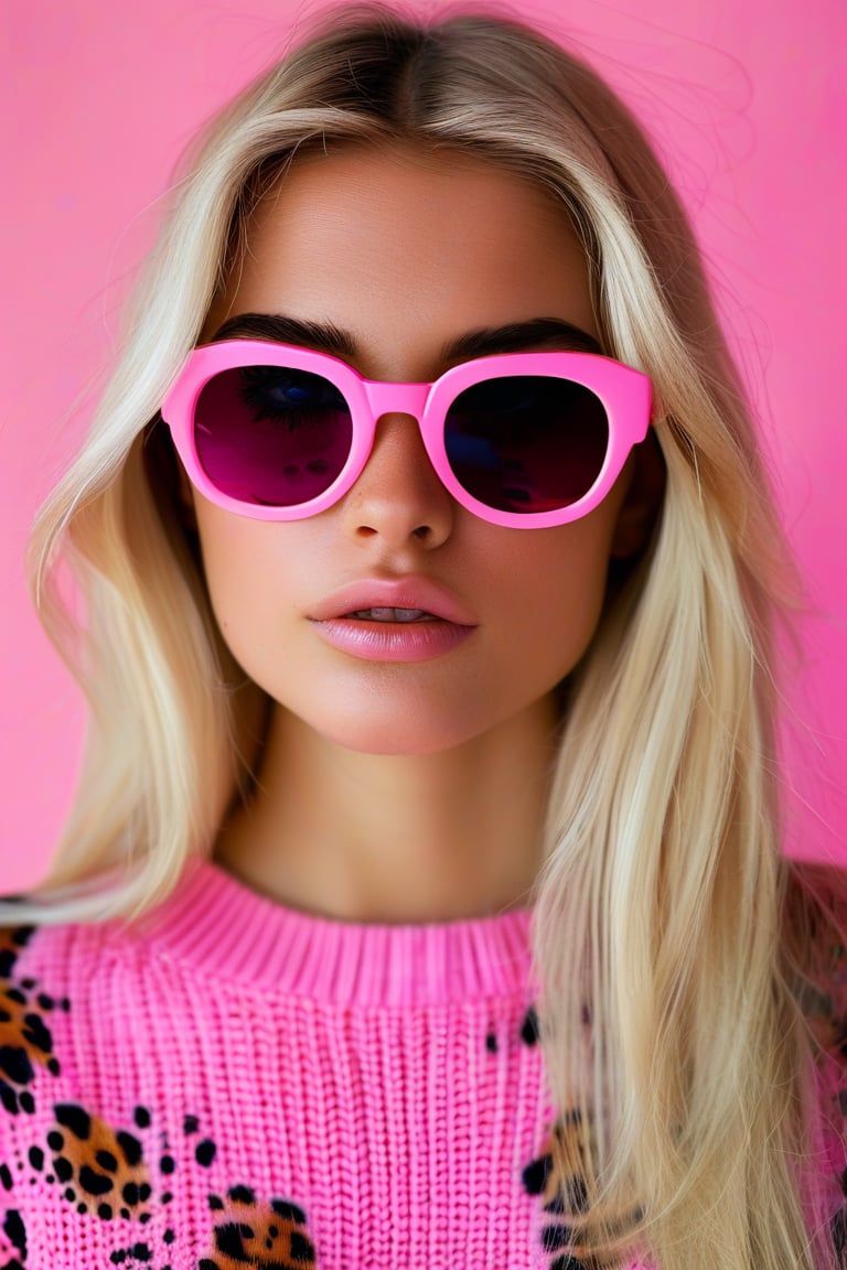 close-up portrait of a beautiful woman with straight blond hair She is wearing a pink tortoiseshell sweater with a leopard pattern and sunglasses with a pink leopard pattern on the frame.