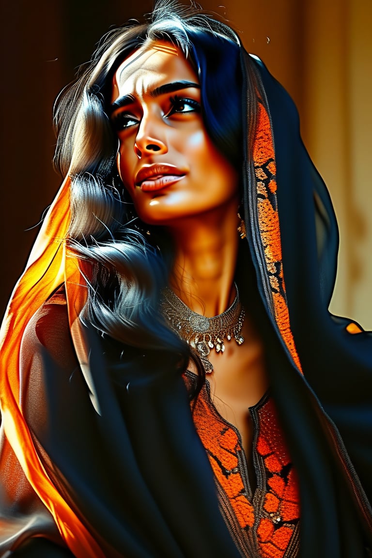  Foreshortening - looking up from the bottom. A very beautiful Arab woman with long flowing black wavy hair, dressed in a black skirt with patterns and accessories in turquoise and orange tones. Fantastically and fabulously, charming radiance, soft brush strokes, air movements, soft shining light, light layering, Radiant glare of sunlight, high detail. The background is a magical clearing. The material is oil on canvas.