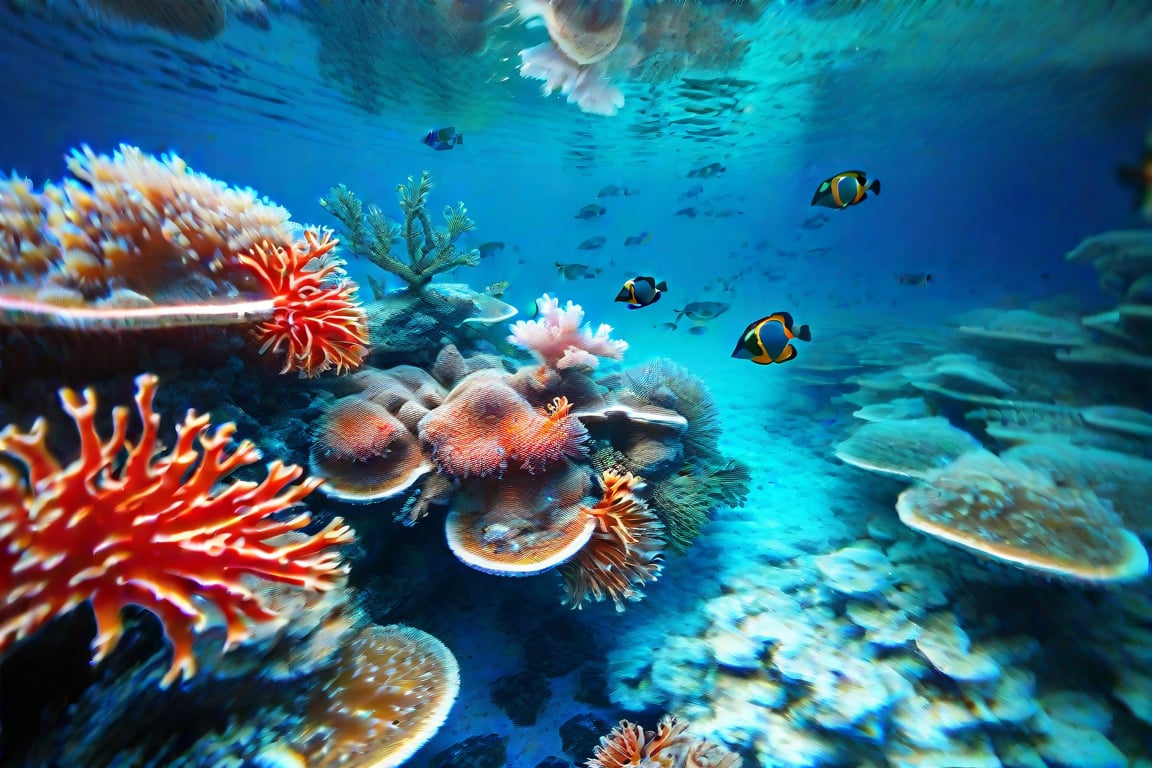  A breathtaking underwater photograph in the style of Alex Tiemmermans, featuring vibrant tropical fish and corals in crystal-clear water. The scene is captured with a Nikon D850 equipped with an underwater housing, ensuring high detail and clarity. The image showcases a wide-angle view, revealing the rich and diverse underwater ecosystem. The colors are vivid and striking, with deep blue hues contrasting against the bright, colorful fish and corals. The play of light and shadow beneath the water's surface adds depth and dimension, highlighting the intricate details of the marine life. The overall composition is both mesmerizing and awe-inspiring, inviting the viewer to explore the hidden wonders of the ocean.