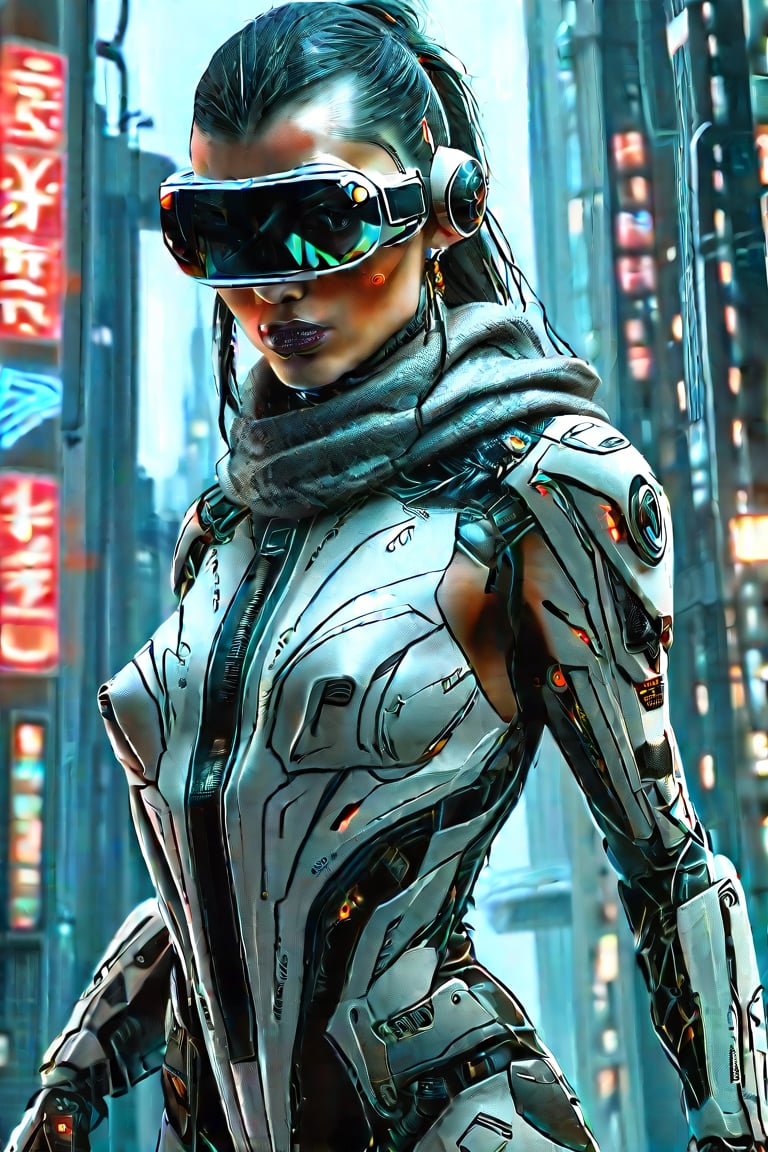 a reimagining in the style augmented reality art, Cyberpunk, (masterpiece:1.3), (perfect art:1.3), by Scott Fischer, portrait of a futuristic lady, stunning build, dynamic pose, geometric tattoo, with sapphire-gray eyes, high-tech low-life, neon-lit cities, corporate dominance, cybernetic enhancements, dystopian futures, hacker antiheroes, urban decay, AI and robotics, virtual reality escapism, noir aesthetics, underground movements, social stratification, futuristic weaponry, surveillance societies, shadowy megacorporations, digital underworld, cyber warfare, identity commodification, neon rebellion, gritty survival, technological disparity, (optimized clarity:1.3), by Tony DiTerlizzi, image should be informative details, 12k resolution, intricate design elements