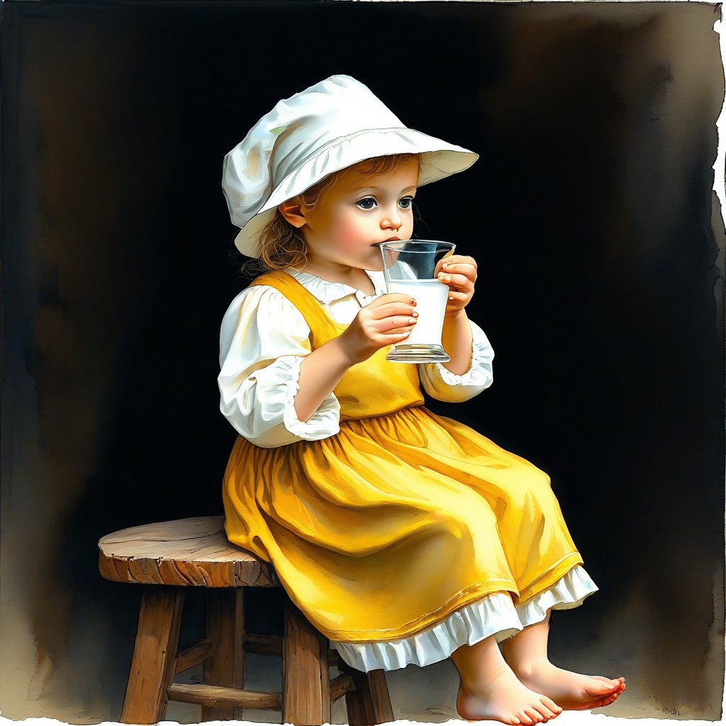  watercolor, acrylic, random pose, white girl, 3 years old, sitting on a wooden stool, inspired by Pieter de Hooch, wearing a white cap, bonnet, drinking milk from a glass, colonial style, white blouse, yellow sundress, barefoot, dark background