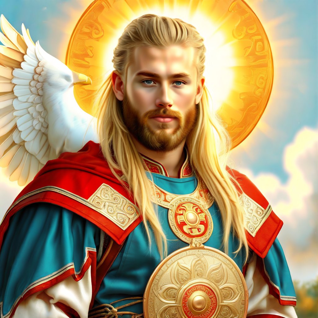 Slavic ancient beautiful blond bearded blue eyed man ancient warrior viking Bogatyr, wearing red and gold white and blue kaftan and chainmail, holding beautiful white falcon, and turquoise shield with beautiful golden sun on it, background sun light jets Celtic ornament, painting by Aleksandr Shilov —ar 2:3 —stylize 250 —v 6.1