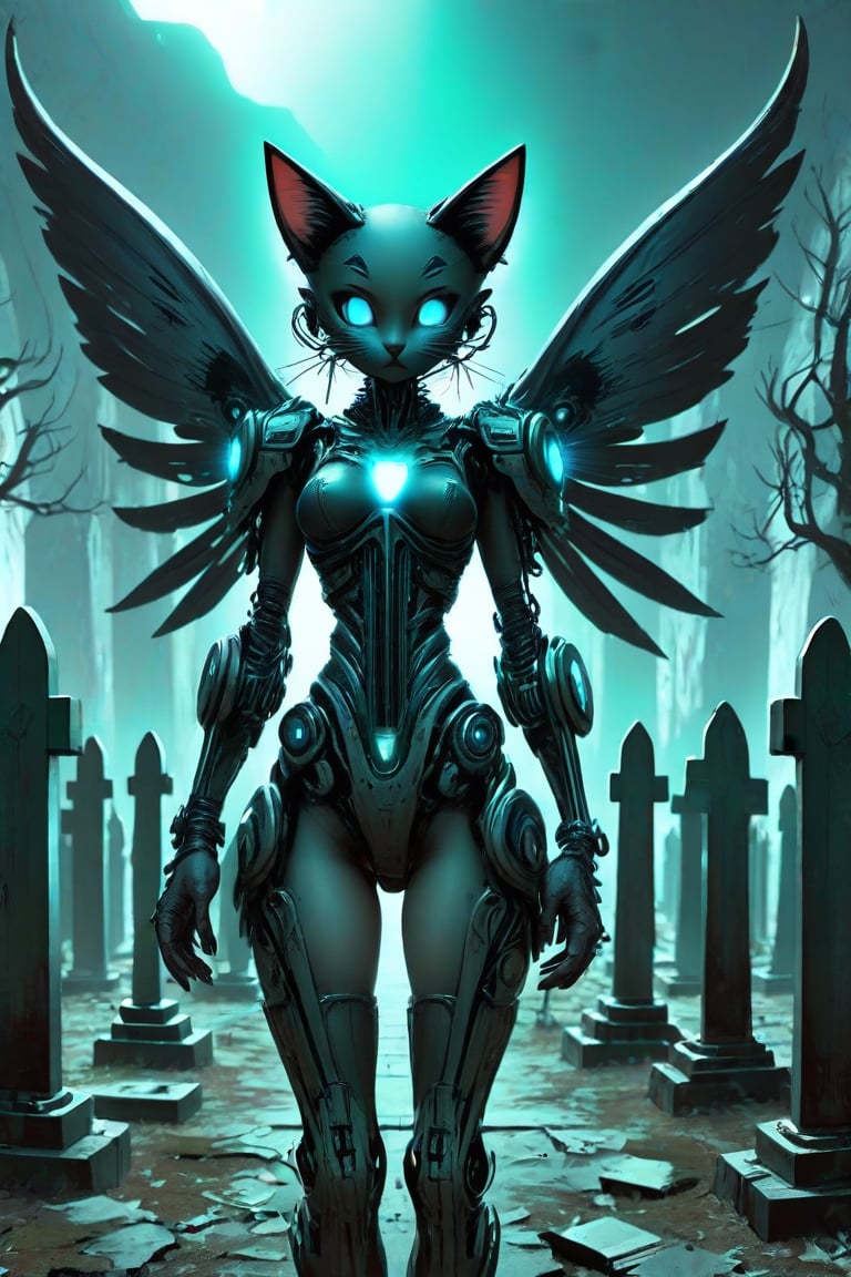 woman A dark angel in profile, with cat ears and mechanical wings made of twisted metal and gears, stands in the center of an abandoned futuristic cemetery. The angel's body is a fusion of organic and mechanical, with glowing neon cybernetic eyes and veins of blue light running across her green armored skin. The cemetery is filled with holographic tombstones flickering into existence and out of existence, and the ground is cracked, glowing neon glass.