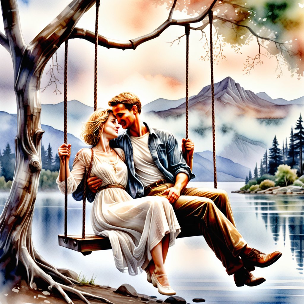 watercolor, airbrushed depiction of a romantic couple, a white man and a white woman sitting on a swing hanging from a tree branch, hugging and looking into each other's eyes, close-up, random pose background with a picturesque view of the lake and misty mountains in the background, and their clothes are tender flows.