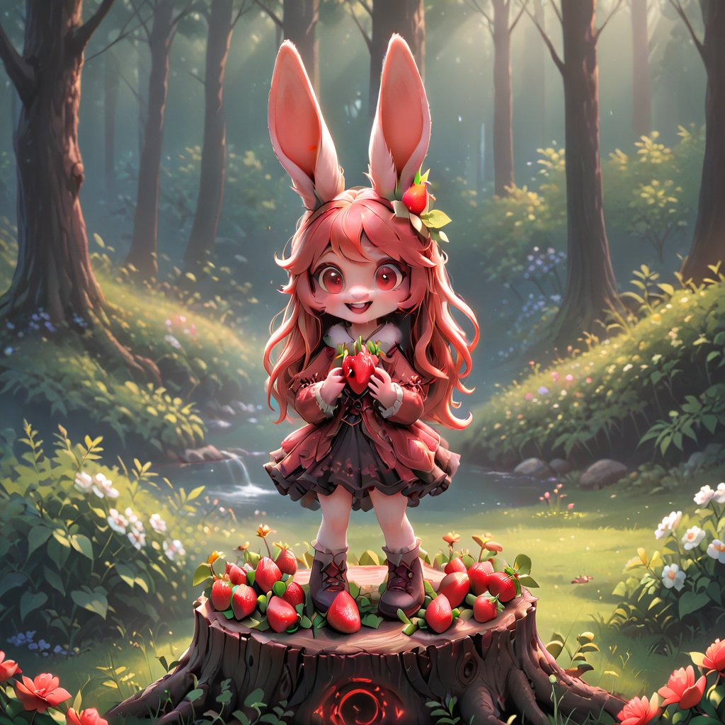 a beautiful animal, long ears, red in color, with flowers on its head, holding strawberries in its teeth.It stands on a stump near the forest 