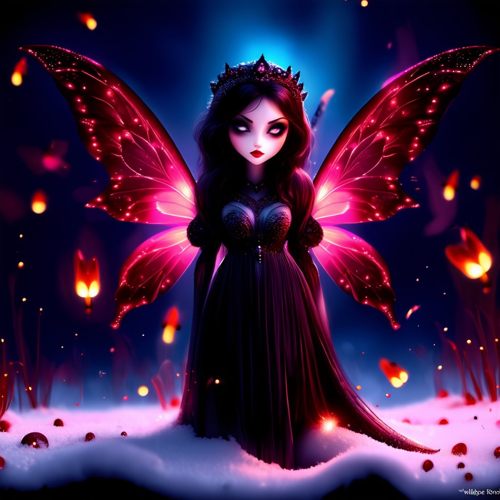 Dark fantasy. Dark Fairy, mistress of dark forces, detailed facial features, large transparent dark wings with small black pearls. Stands on fluffy snow covered with bright spots of burgundy paint. Fireflies fly around. Extreme detail. High definition image. Wallpaper.