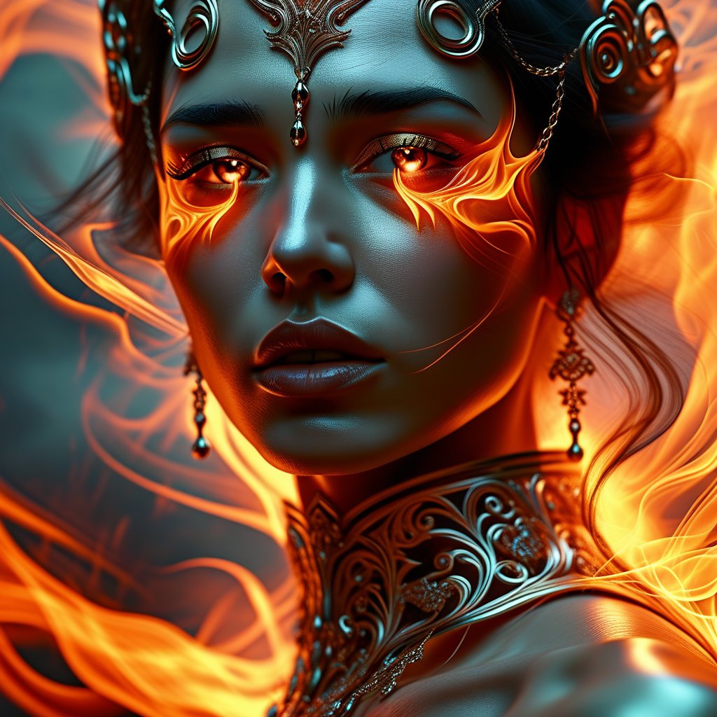 Ethereal woman adorned with fiery chains, fantasy portrait, intricate details, glowing embers, dramatic lighting, smoke tendrils, cinematic composition, vibrant orange and red hues, contrasting shadows, mystical atmosphere, photorealistic quality, high-resolution texture, dynamic pose, intense gaze, flowing hair, 8K render, digital art