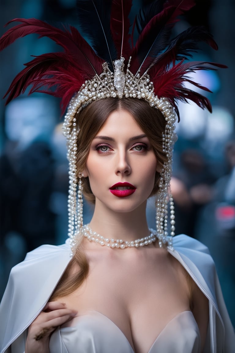 photo, Russian woman dress in Chicago style, headdress with pearls and feathers, red lipstick, random different positions of hands, cape made of natural fox fur, gray blurred background