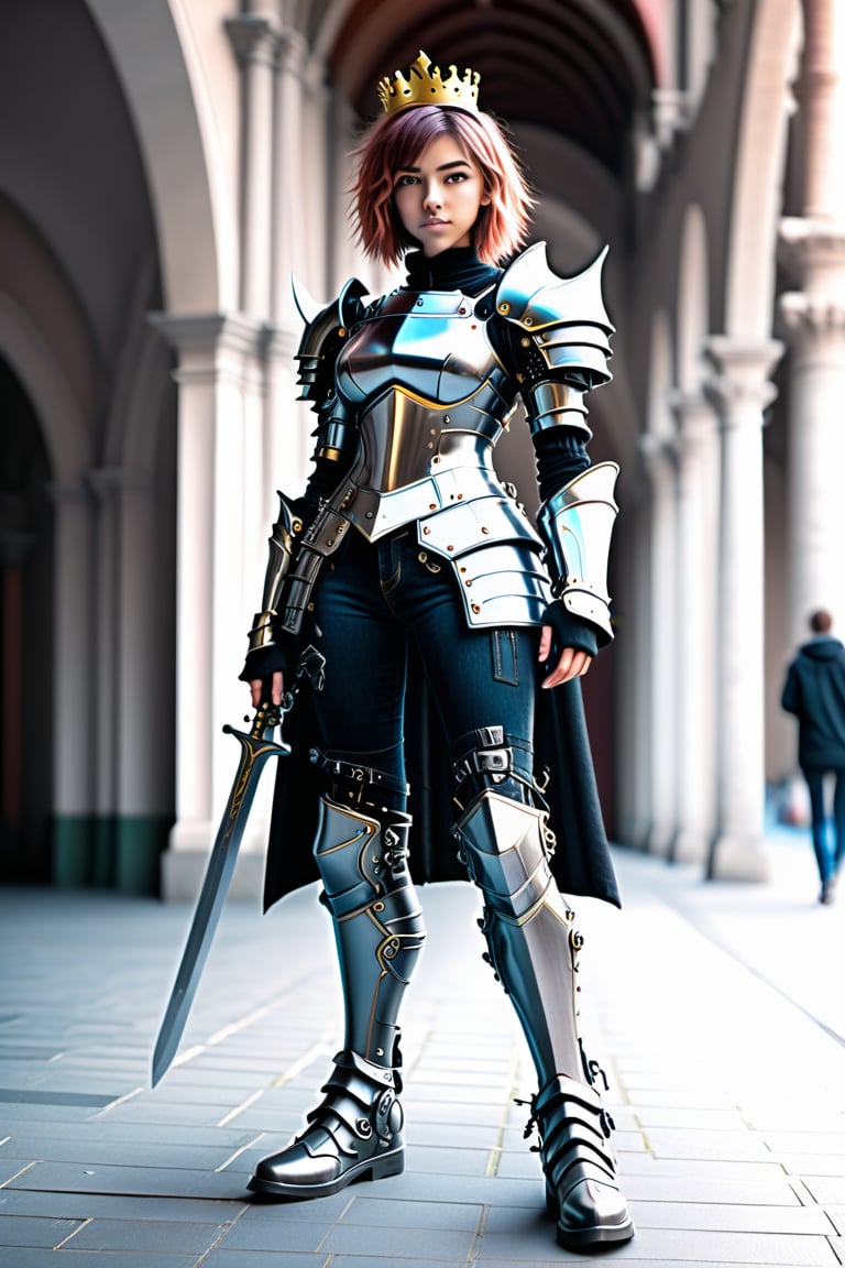 A knight queen 16 yo in (cute Milanese armor), epic, [black jeans], Mega Realistic, cyber punk