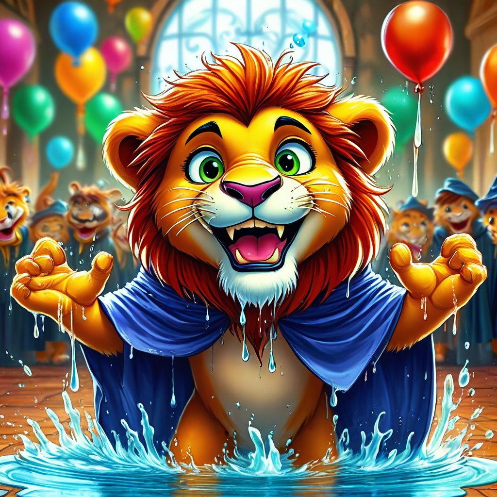 blockbuster, masterpiece, anthropomorphic lion apprentice of a magic school, soaked apprentice's cloak with water dripping off, cheerful demeanor, captivating the audience with humor, gaze directed at the viewer, vibrant colors, whimsical magical effects surrounding, playful expressions, lighthearted atmosphere