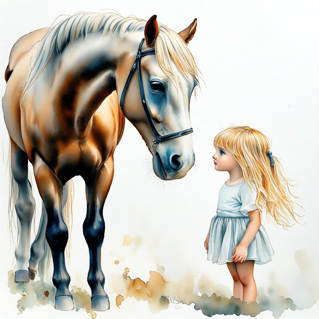 watercolor, acrylic, random pose, whimsical delicate painterly watercolor of a little white girl, blonde hair with bangs, standing and looking at a horse, with a horse standing and looking at a little girl, with tousled hair, large expressive eyes, free expressive lines, dynamic quality, fine painterly watercolor, background blurred gray