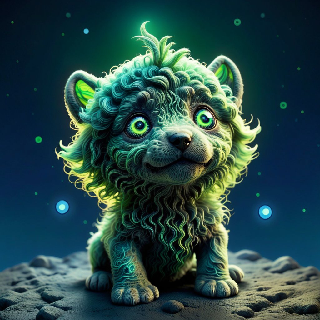 A vibrant, otherworldly illustration of a Cachorro Verde, a green, extraterrestrial puppy, set against a starry, midnight blue background with subtle, glowing nebulas. The puppy's fur is a bright, electric green hue with subtle, swirling patterns akin to those found on a reptile's scales. Its large, almond-shaped eyes glow with an unearthly, soft blue light, and its nose is a tiny, black, button-like feature. The puppy's ears are triangular and slightly pointed, with a soft, feathery texture. It sits on a crescent moon, surrounded by a halo of soft, white light, with its front paws clasped together and its hind legs folded beneath it. The overall style is reminiscent of a fantastical, futuristic children's book illustration, with bold lines, smooth textures, and a sense of wonder and discovery. The colors are bold and vibrant, with a focus on blues and greens to evoke a sense of mystery and magic.