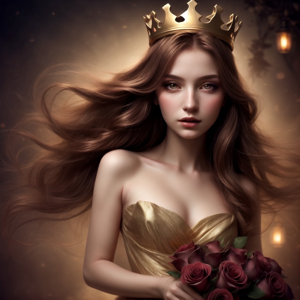 fantasy, woman, detailed face, flowing hair, flowing dress, golden crown, red roses, soft lighting, dreamy, romantic, magical, ethereal, warm color palette, gold, red, pink