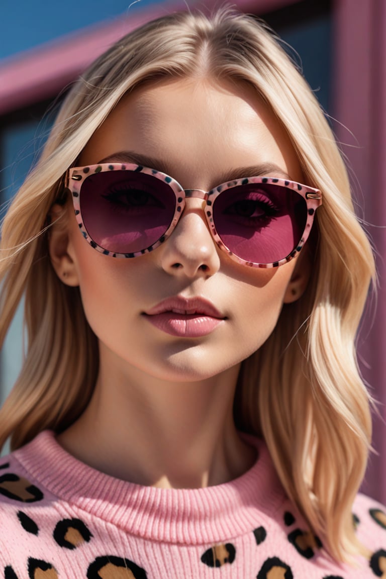 close-up portrait of a beautiful woman with straight blond hair She is wearing a pink tortoiseshell sweater with a leopard pattern and sunglasses with a pink leopard pattern on the frame.