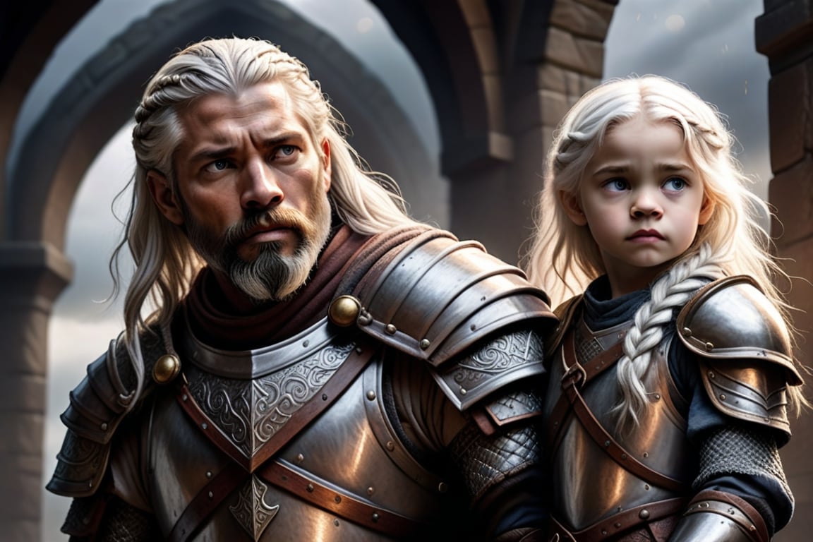 A highly detailed fantasy book cover depicting a 40-year-old medieval warrior with shoulder-length white hair and a braided beard, wearing intricate medieval armor. He stands protectively in front of a 4-year-old girl with long white hair and heterochromatic eyes-one silver, one gold. The girl is slightly behind the warrior, looking both innocent and strong. Dark, shadowy black arms reach out from the background, trying to grab her. The atmosphere is tense and mystical, with a stormy, otherworldly backdrop. The lighting is cinematic, with dramatic contrasts and high detail. —ar 9:16 —quality 2 —v 6.1