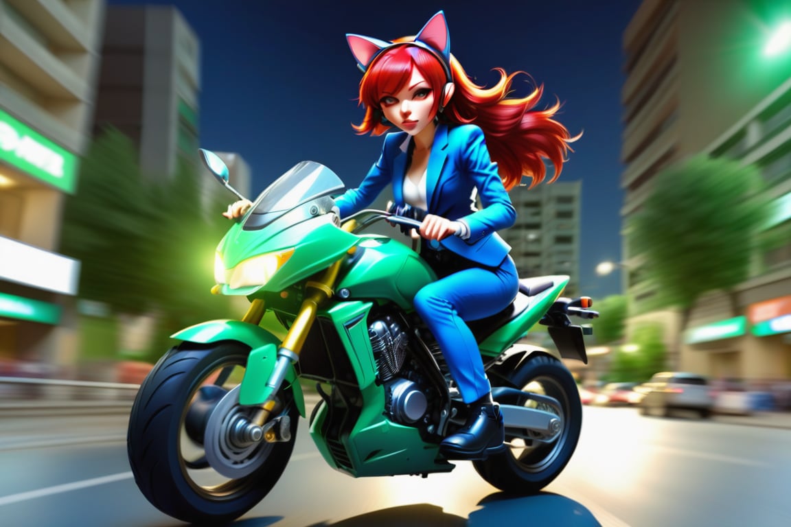 A girl, red hair, cat ears on her head, wearing a helmet, (in a blue suit), ((on a green sports motorcycle)), rides at high speed through the city at night