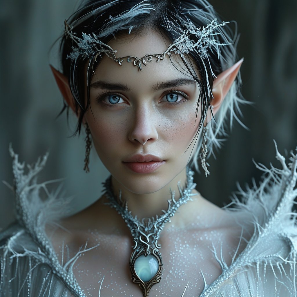 the woman is half elf, beautiful, short, fragile, with black and white long hair, fashion white dress made of frost, shimmers and glitters, a pendant with a dragon's Eye stone on her neck, a fantasy, -ar 3: 4